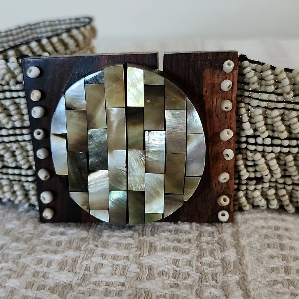 Womens belt, wooden latch design, seed bead with shell design, stretch belt boho